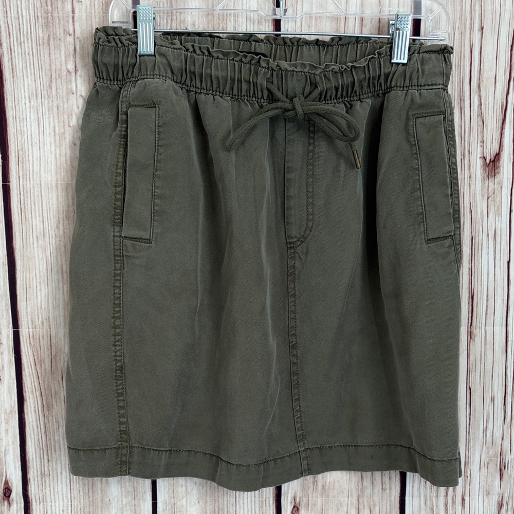 LOFT Olive Minimalist Mini Skirt with Drawstring Elastic Waist & Side Pockets